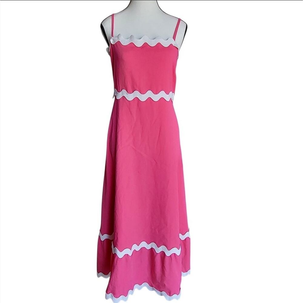 Pink White Ric Rac Scalloped Midi Dress Spaghetti Strap Smocked Boho Size XL - Picture 2 of 13